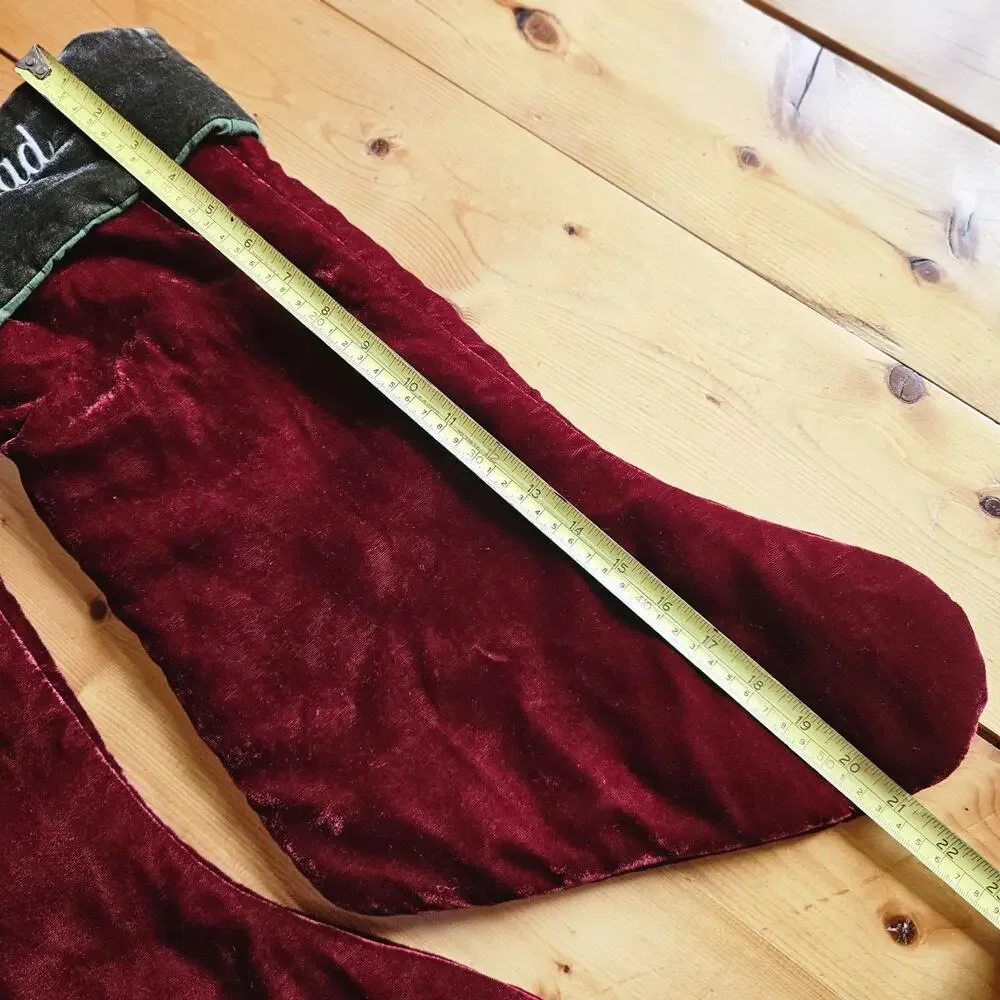 TWO Pottery Barn Christmas Stockings Maroon Green Velvet Mom Dad Embroidered 21